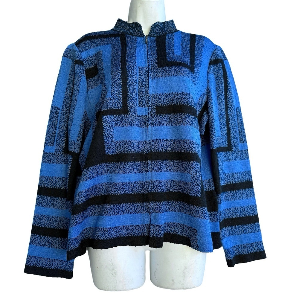 Ming Wang Geometric Full Zip Knit Cardigan Jacket Women's Size L Blue & Black